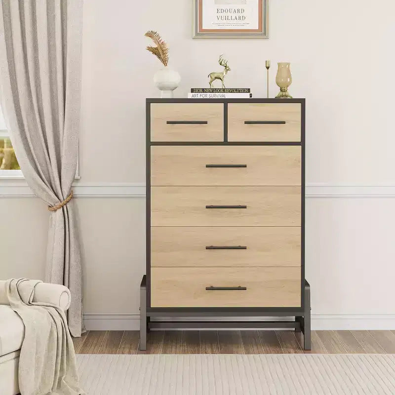 Commode 6 tiroirs autoportante – Noir / Chêne naturel / Chêne naturel + Noir