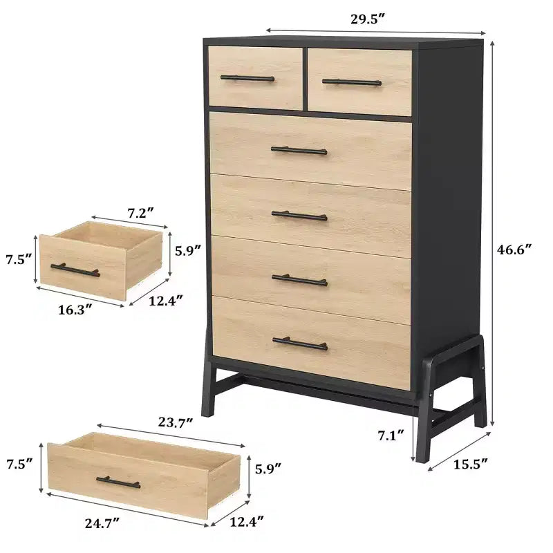 Commode 6 tiroirs autoportante – Noir / Chêne naturel / Chêne naturel + Noir