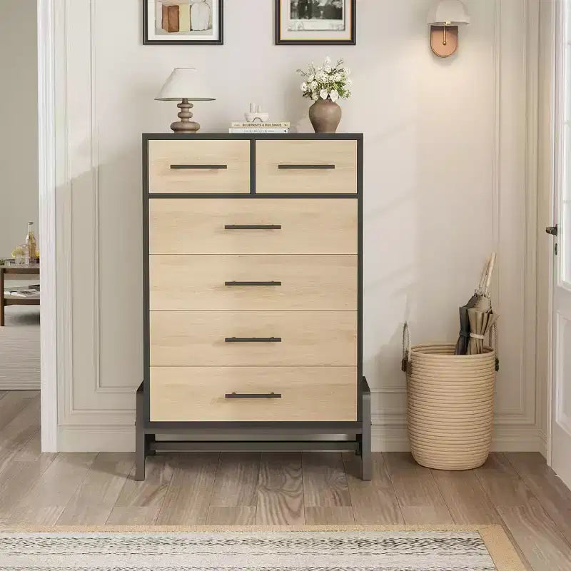 Commode 6 tiroirs autoportante – Noir / Chêne naturel / Chêne naturel + Noir