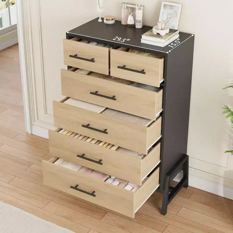 Commode 6 tiroirs autoportante – Noir / Chêne naturel / Chêne naturel + Noir