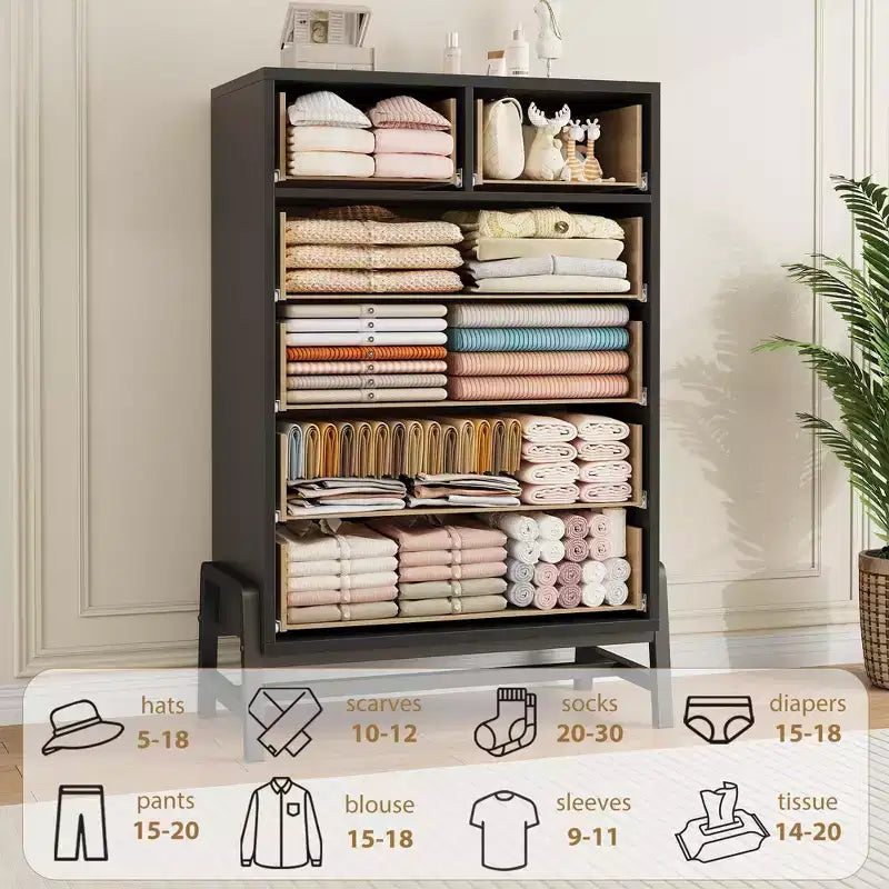 Commode 6 tiroirs autoportante – Noir / Chêne naturel / Chêne naturel + Noir