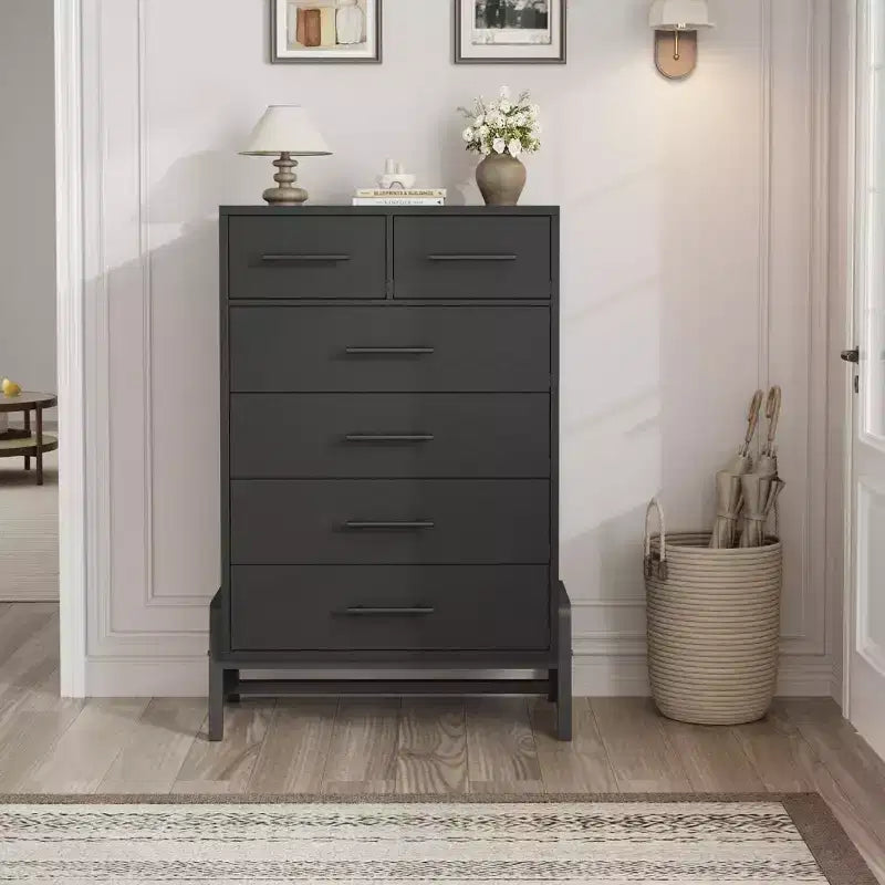Commode 6 tiroirs autoportante – Noir / Chêne naturel / Chêne naturel + Noir