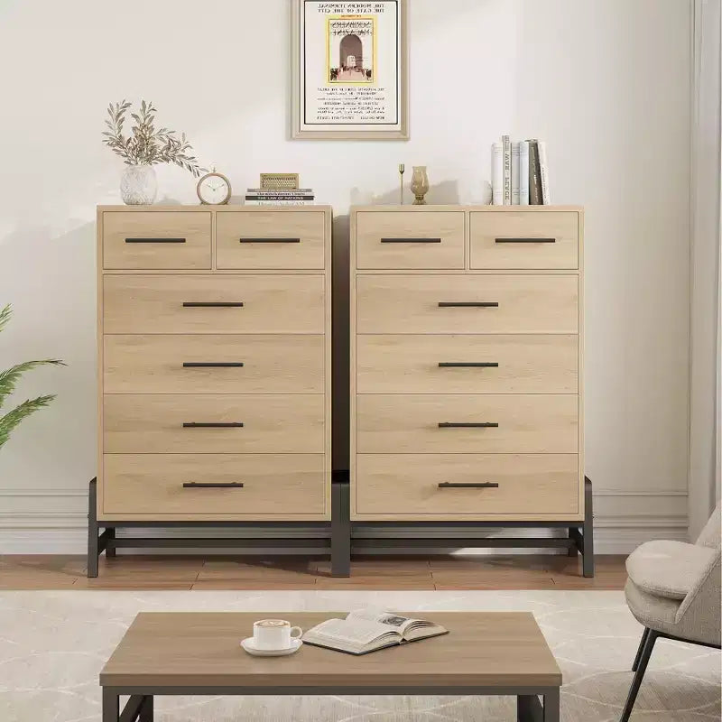 Commode 6 tiroirs autoportante – Noir / Chêne naturel / Chêne naturel + Noir