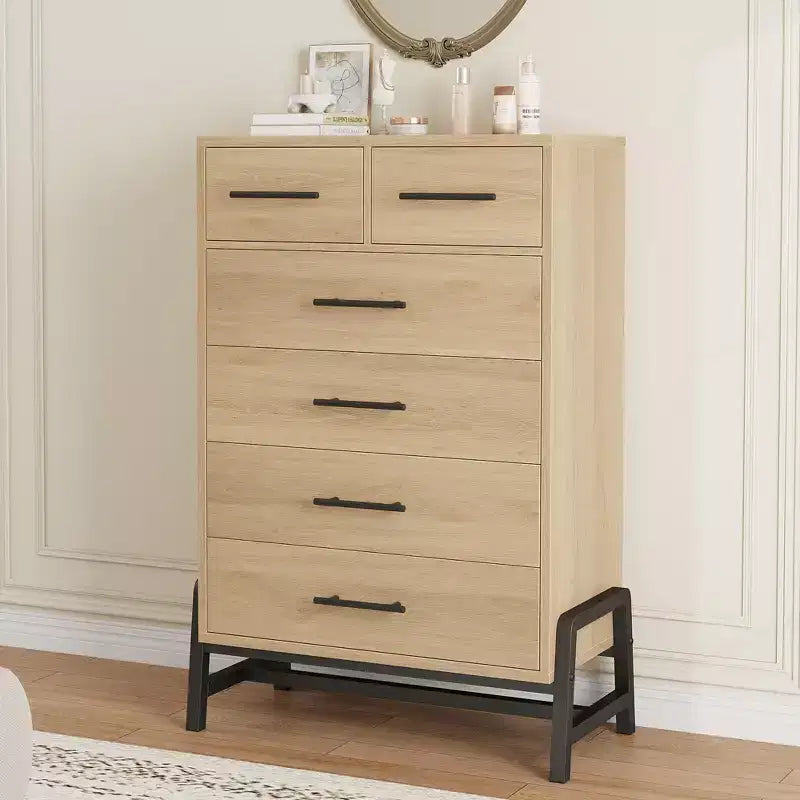 Commode 6 tiroirs autoportante – Noir / Chêne naturel / Chêne naturel + Noir