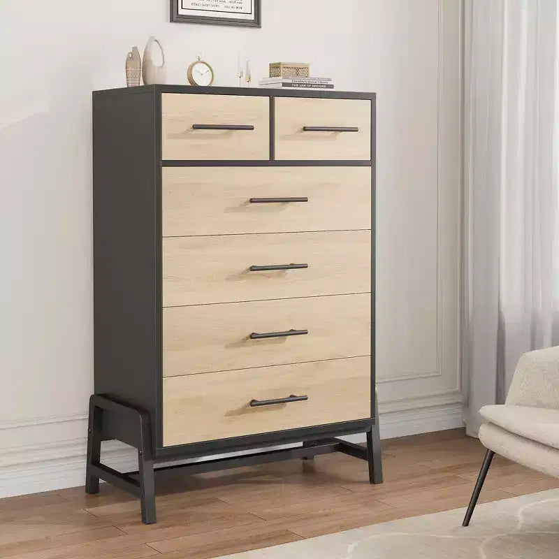 Commode 6 tiroirs autoportante – Noir / Chêne naturel / Chêne naturel + Noir