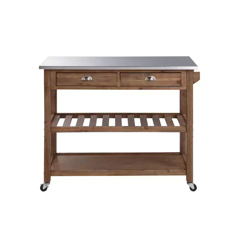 Desserte de cuisine Sonoma avec plateau en acier inoxydable brossé filaire couleur bois de grange marron - Boraam : Mid-Century Modern, 2 tiroirs, 2 étagères