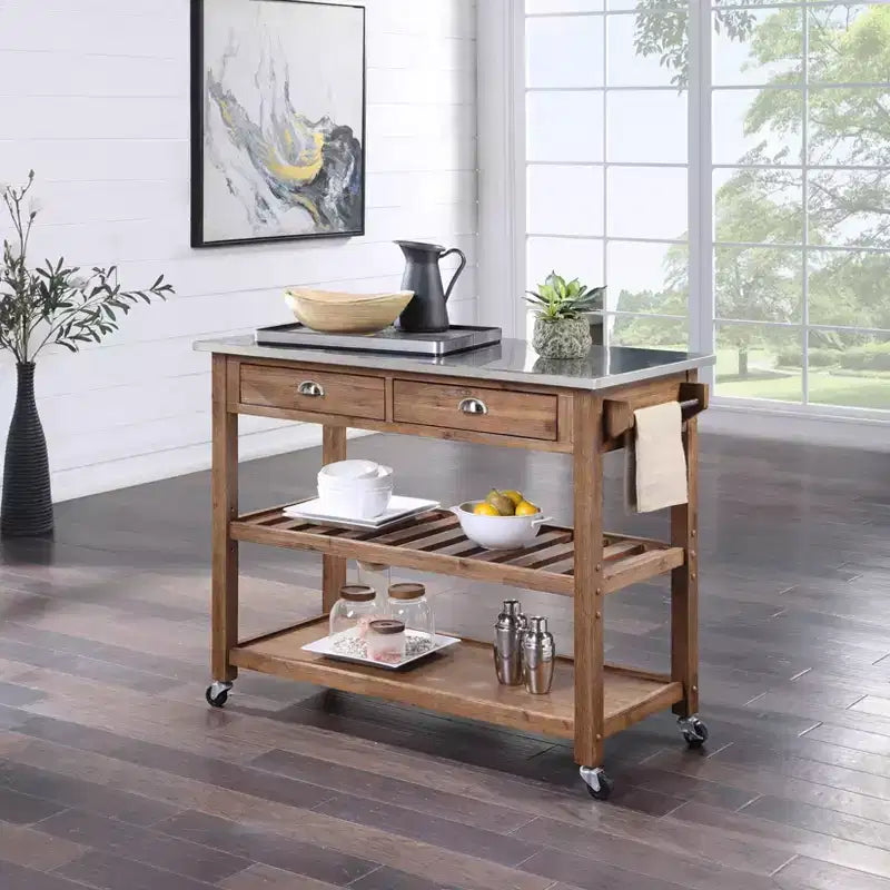 Desserte de cuisine Sonoma avec plateau en acier inoxydable brossé filaire couleur bois de grange marron - Boraam : Mid-Century Modern, 2 tiroirs, 2 étagères