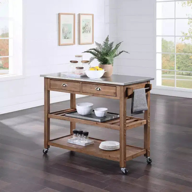 Desserte de cuisine Sonoma avec plateau en acier inoxydable brossé filaire couleur bois de grange marron - Boraam : Mid-Century Modern, 2 tiroirs, 2 étagères