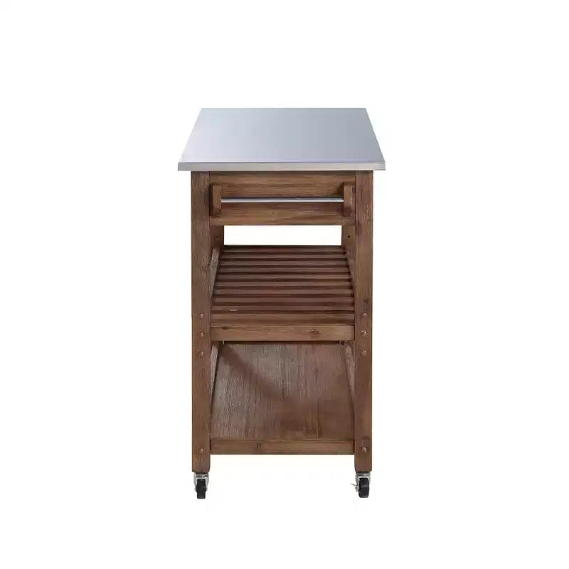 Desserte de cuisine Sonoma avec plateau en acier inoxydable brossé filaire couleur bois de grange marron - Boraam : Mid-Century Modern, 2 tiroirs, 2 étagères