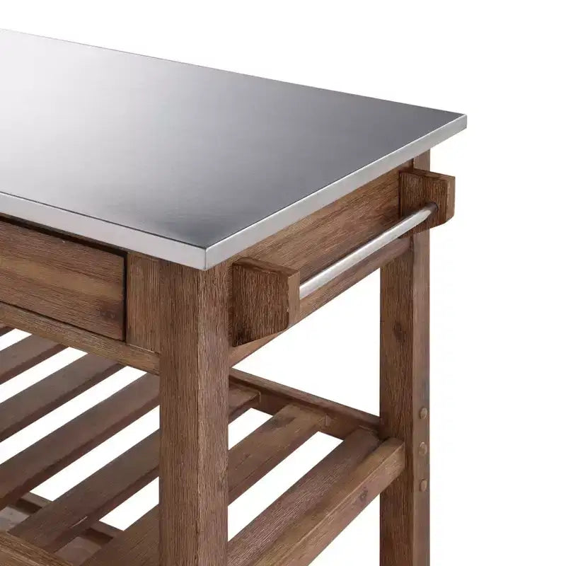Desserte de cuisine Sonoma avec plateau en acier inoxydable brossé filaire couleur bois de grange marron - Boraam : Mid-Century Modern, 2 tiroirs, 2 étagères