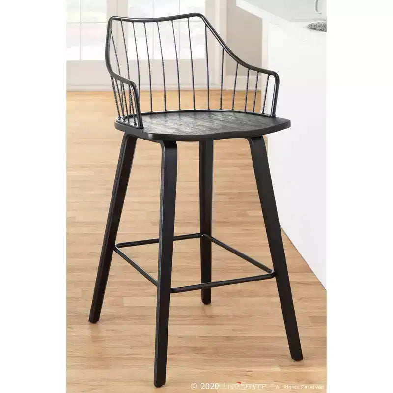 Tabouret de comptoir à dossier à lattes délavé noir/blanc avec accoudoirs, 1 place
