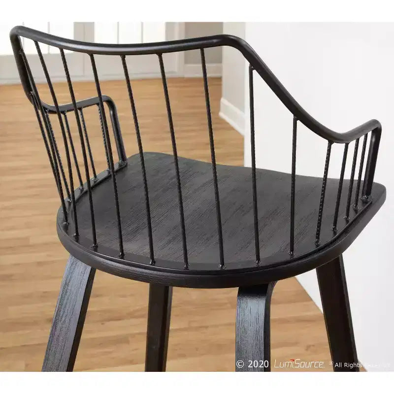 Tabouret de comptoir à dossier à lattes délavé noir/blanc avec accoudoirs, 1 place