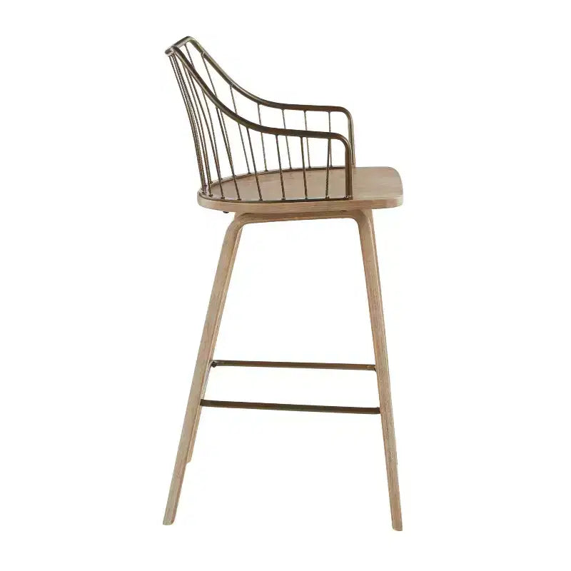 Tabouret de comptoir à dossier à lattes délavé noir/blanc avec accoudoirs, 1 place