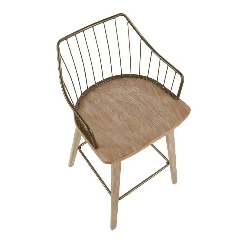 Tabouret de comptoir à dossier à lattes délavé noir/blanc avec accoudoirs, 1 place