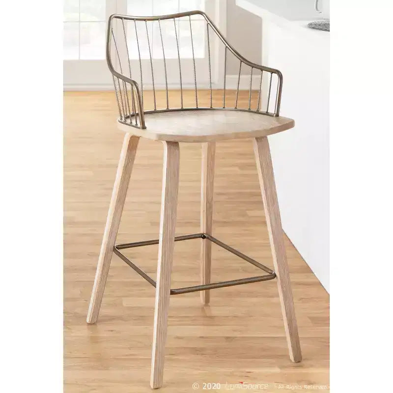 Tabouret de comptoir à dossier à lattes délavé noir/blanc avec accoudoirs, 1 place