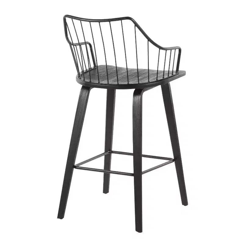 Tabouret de comptoir à dossier à lattes délavé noir/blanc avec accoudoirs, 1 place