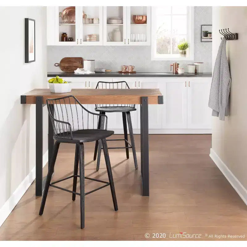 Tabouret de comptoir à dossier à lattes délavé noir/blanc avec accoudoirs, 1 place