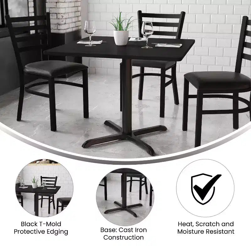 Table de salle à manger carrée stratifiée pour 4 personnes, coloris noir / acajou / naturel / noyer — Piétement en X