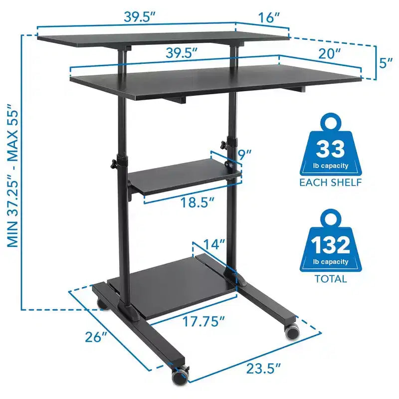 Mount-It! Grand bureau mobile réglable en hauteur | Poste de travail roulant avec plateaux de 100 cm de large | Chariot de présentation roulant polyvalent – Noir